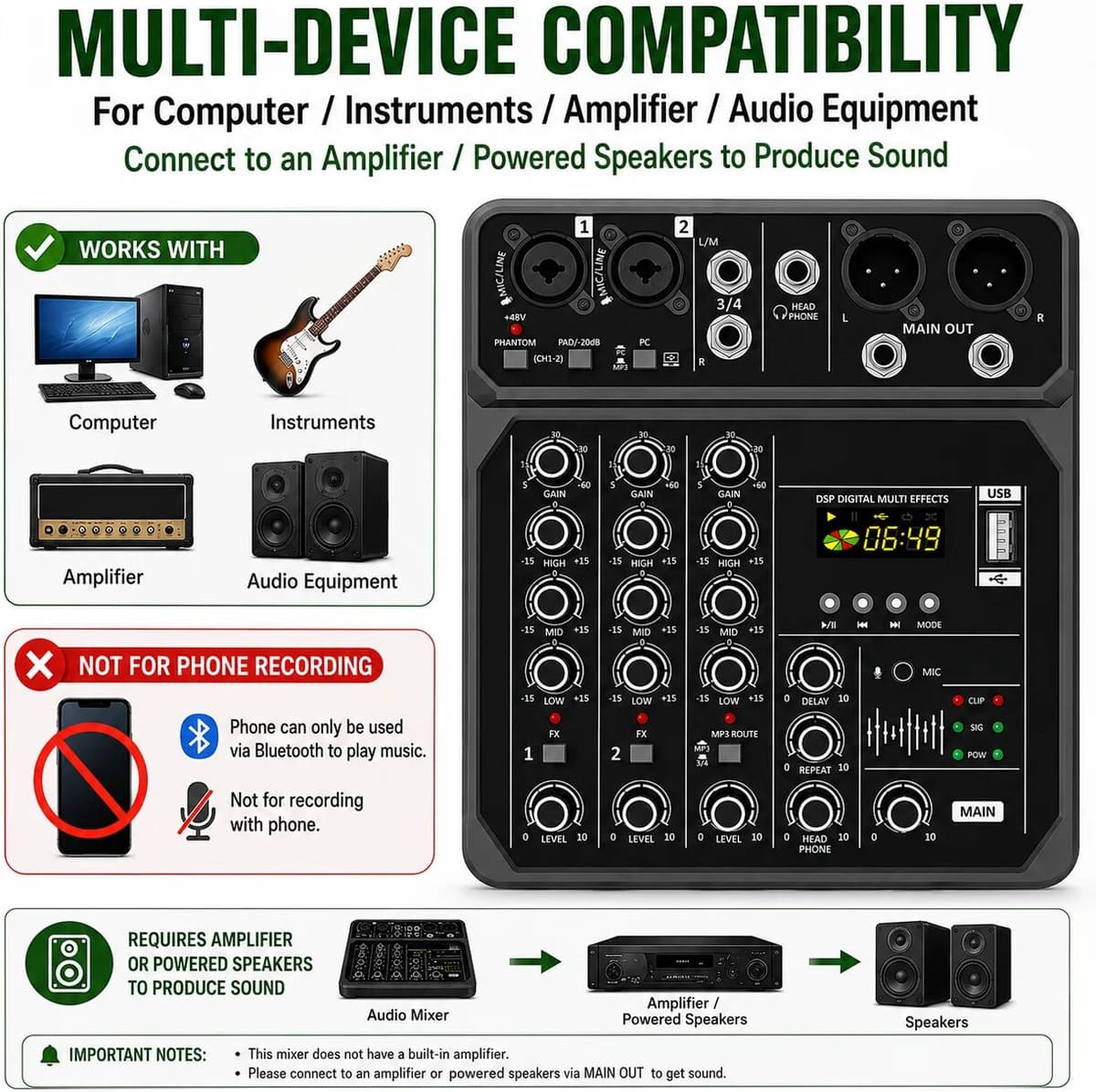 VBNM 4-Channel Mixing Console Bluetooth Audio Mixer 48V Professional USB Computer Karaoke