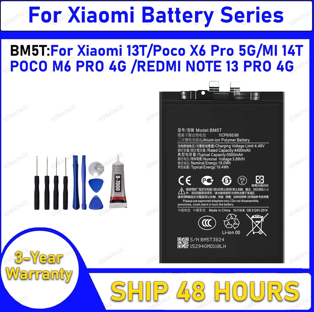 EOBATACC 100%  Original Battery BM5T For XIAOMI 13T/14T/Poco X6 Pro 5G/POCO M6 PRO 4G /REDMI NOTE 13 PRO 4G Battery + Free Tools