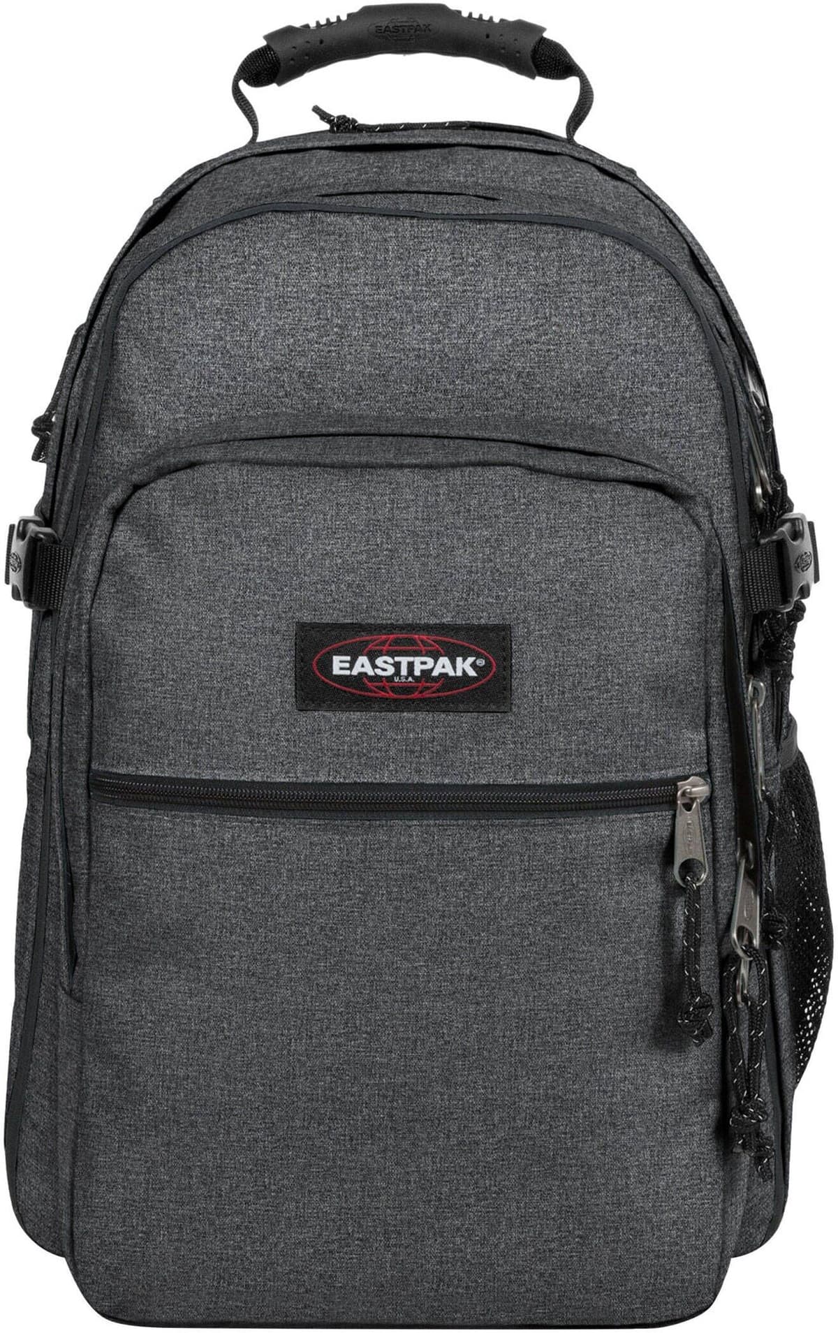 Freizeitrucksack EASTPAK "TUTOR", Damen, Gr. B/H/T: 32,5cm x 48cm x 26cm, schwarz (schwarz denim), Polyester, meliert, Basic, Rucksäcke Freizeitrucksack, Schulrucksack, Businessrucksack mit 16" Laptopfach für Schule & Uni