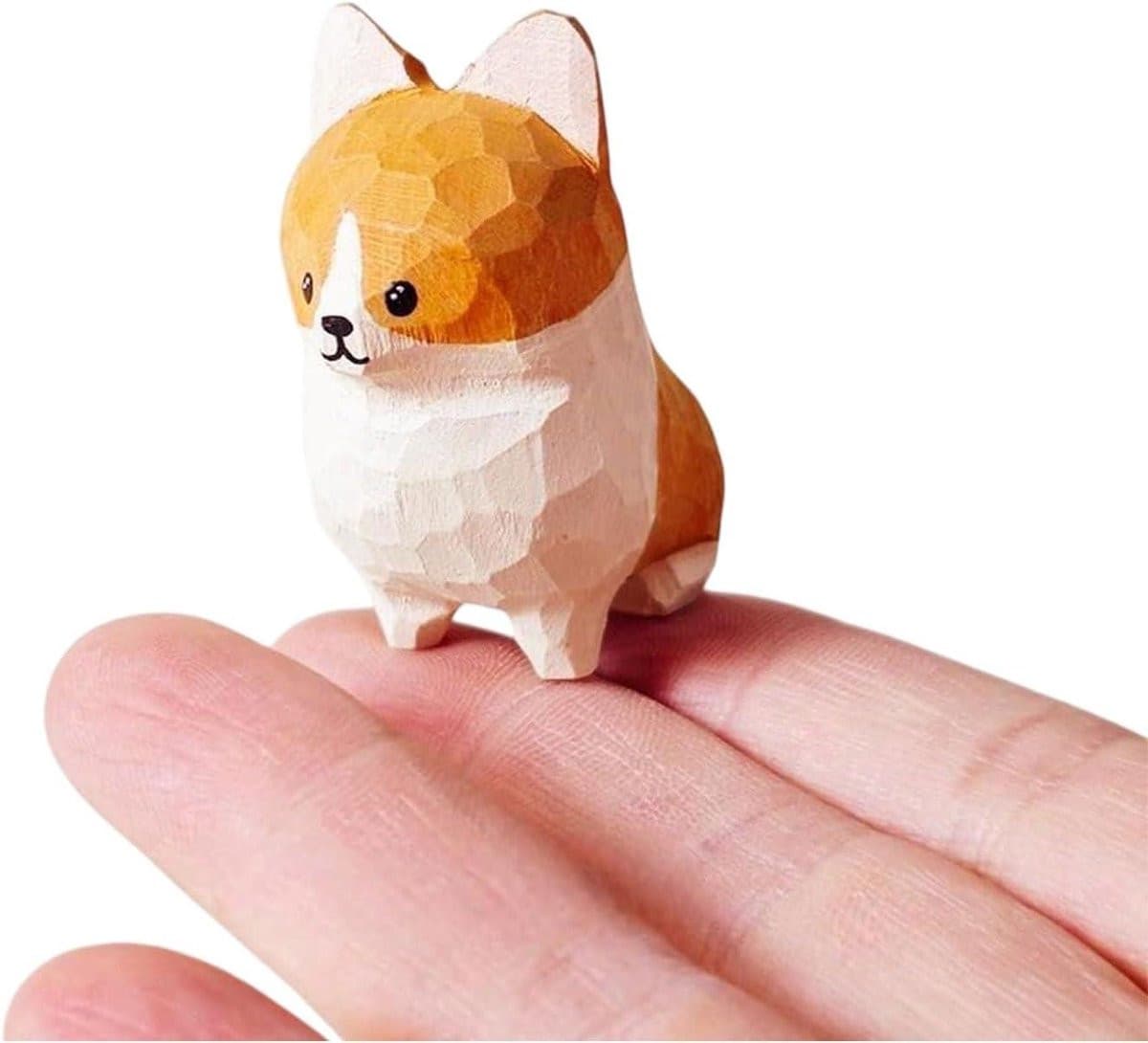 Handgesneden Houten Corgi Figuur - Natuurlijk Lindehout - Decoratief Hond Standbeeld - Hoogte: 5 cm