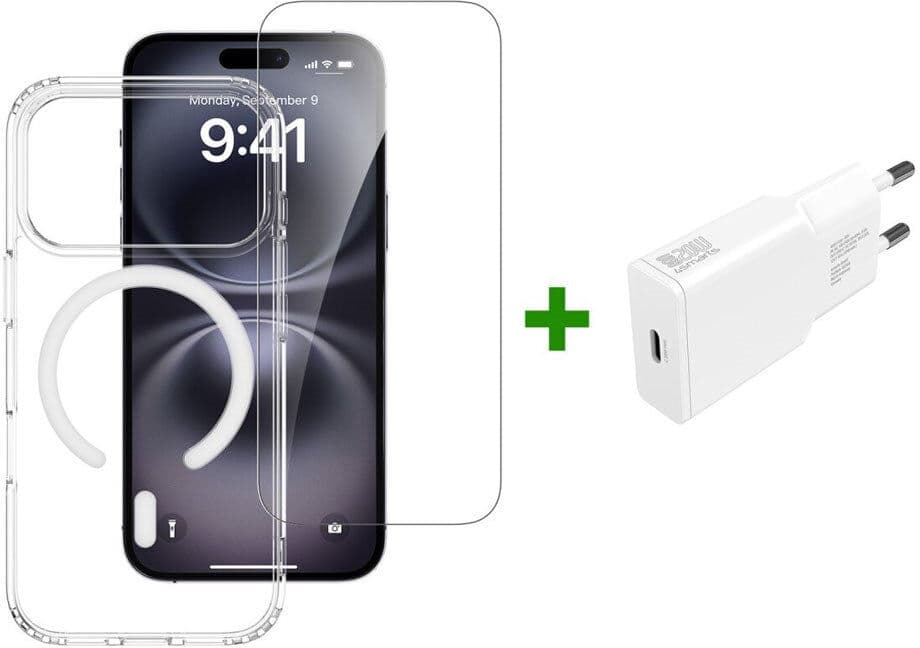 iPhone 17 Pro - 4Smarts 3-i-1 Premium Starter Set - MagSafe Mobil Cover, Skærmbeskyttelse & 20W Vægoplader - Gennemsigtig / Hvid
