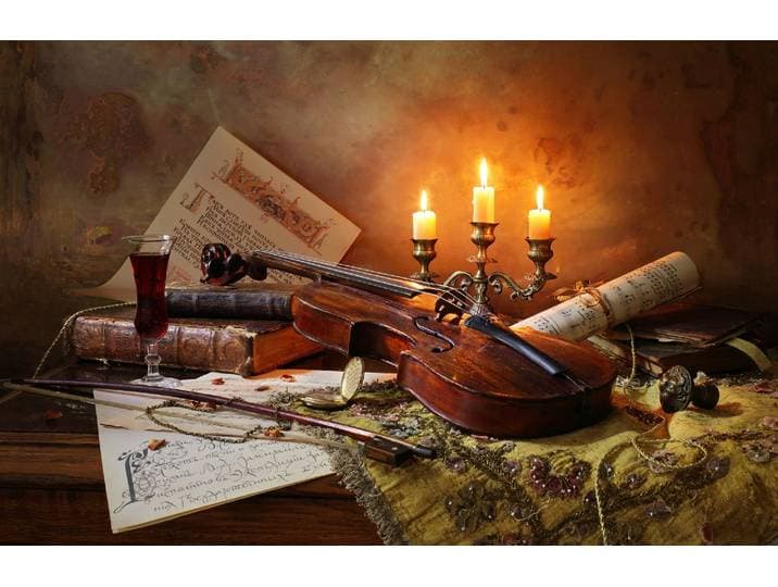 Fototapete PAPERMOON Photo-Art ANDREY MOROZOV, STILLLEBEN MIT VIOLINE UND KERZEN , bunt, B:2,5m L:1,86m, Vlies, Tapeten, Fototapete