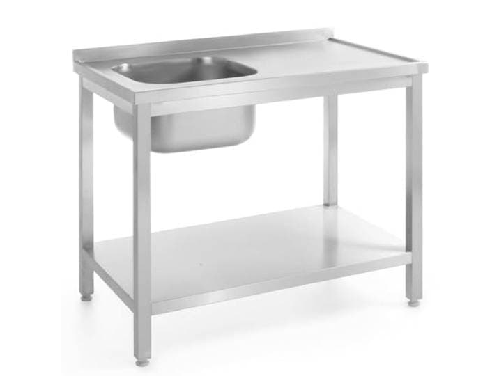 HENDI Werktafel met wasbak links en legplank, spoelbak links, stelpoten op vierkant profiel, ongemonteerd, 800x600x(H)850mm, RVS AISI 304