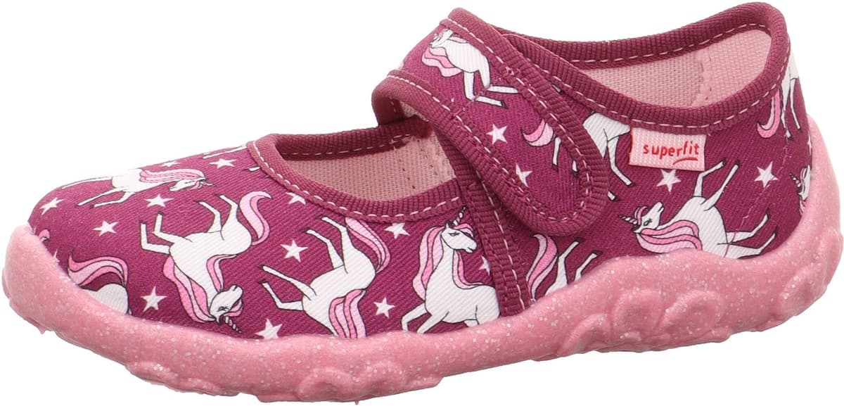 Hausschuh SUPERFIT "BONNY, WMS: mittel", Mädchen, Gr. 29, Baumwolle, rot (bordeaux einhorn), Textil, Glitzer, Schuhe Hausschuh, Kindergartenschuh mit Einhorn-Motiv, Grössenschablone zum Download bordeaux einhorn 29, Baumwolle