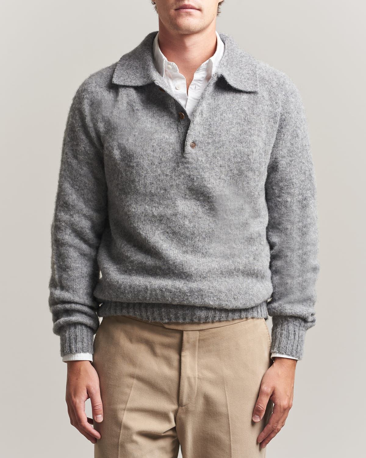 Harley Of Scotland Brushed Supersoft Lambswool Polo Mid Grey men M Grå