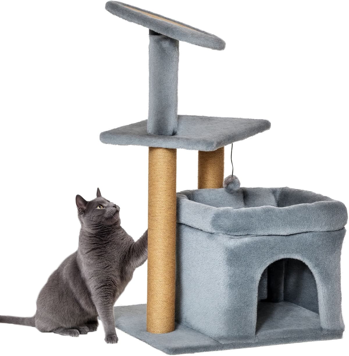 Pawhut Albero Tiragraffi per Gatti con Pali in Corda Juta, Casetta e Cuscino per Gatti, Rivestimento in Peluche, Altezza 84cm, Grigio Aosom