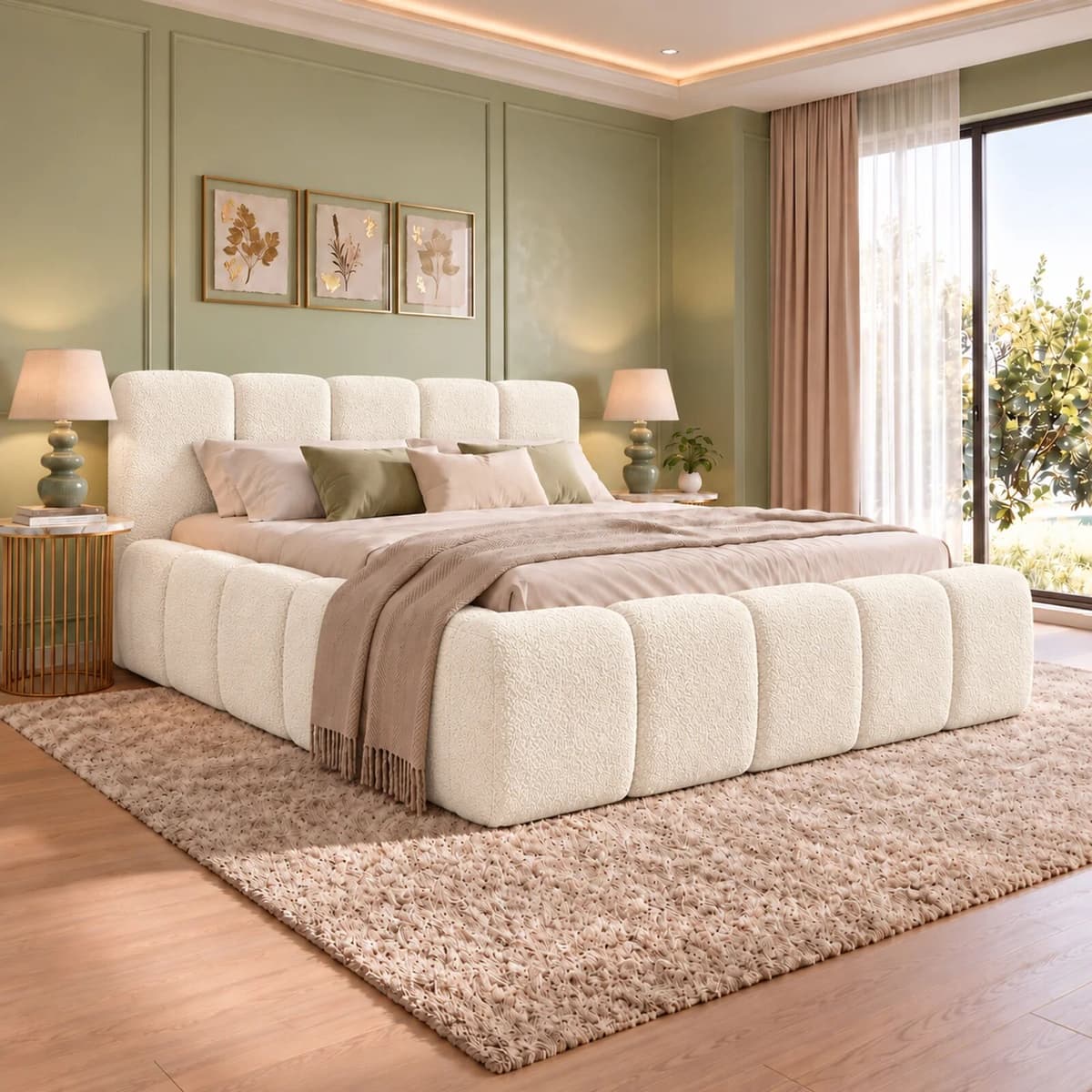 garneroarredamenti Letto matrimoniale oversize contenitore 180x200 cm con rete tessuto bouclè bianco avorio Softy