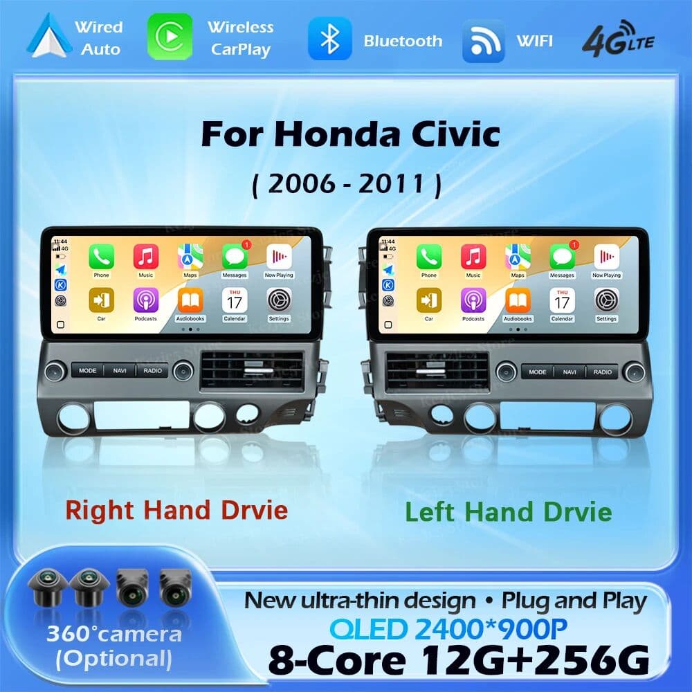 QiumianNavi Android 16 Car Radio For Honda Civic 2006 - 2011 Multimedia DSP Stereo Wireless CarPlay 4G WIFI Navigation GPS QLED 2400*900P BT