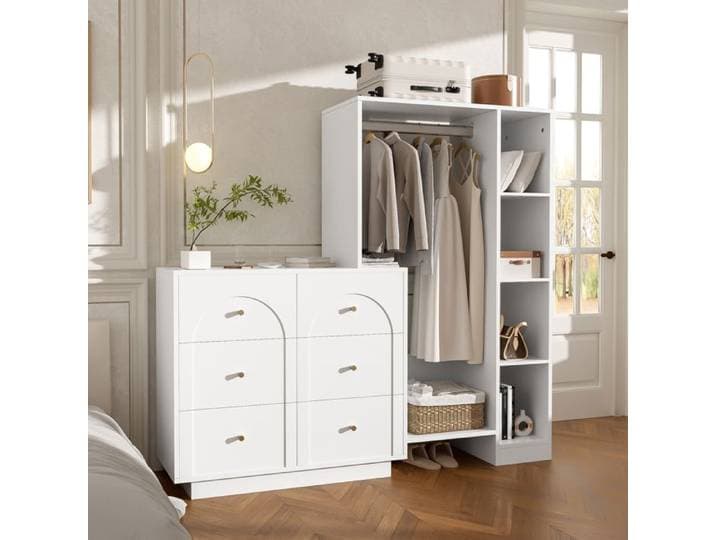 COVREO Armoire de chambre ouverte 6 tiroirs tringle et étagères latérales panneaux de particules blanc