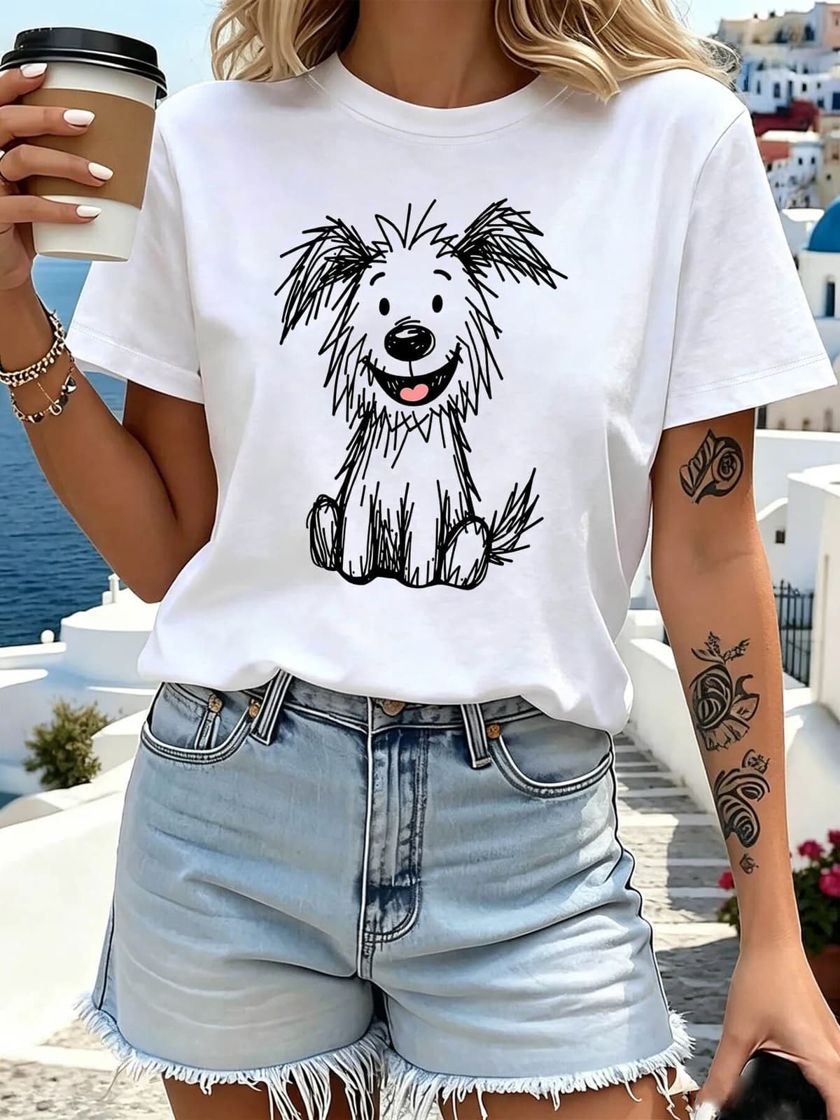 NONE Women's T-Shirt Cute Sketch Dog Graphic Print Cotton Short Sleeve Casual Tee