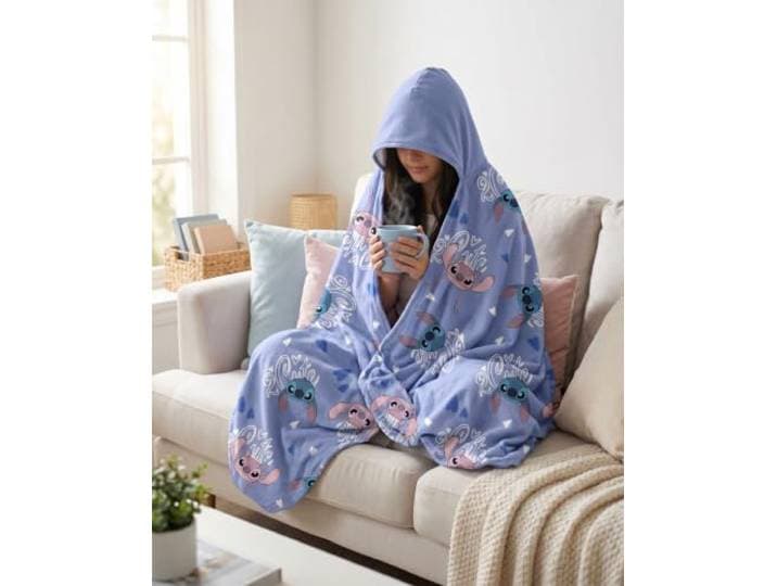Aymax, Disney Stitch & Angel 2 Cute flanellen deken met capuchon, 120 x 150 cm, all-over blauw, 100% polyester, officiële licentie