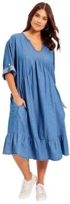 Plus Size Women's Ruffled Denim Dress by June & Vie in Medium Wash (Size 10/12)