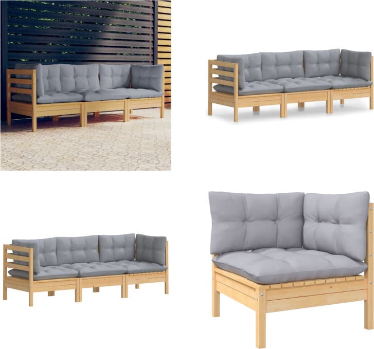 vidaXL 3 Sitzer Gartensofa mit Grauen Kissen Massivholz Kiefer - 3-Sitzer-Gartensofa - 3-Sitzer-Gartensofas - Gartensofa - Gartensofas