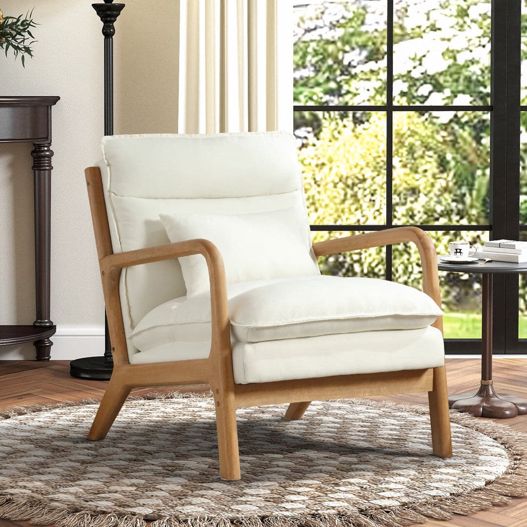 Blue Elephant Linen Armchair with Lumbar Pillow, Solid Wood Frame Accent Chair, Cosy Reading Chair for Living Room White 81.5cm H X 65.5cm W X 79cm D