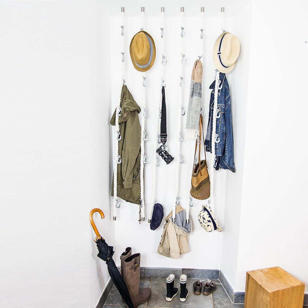 Kabelgarderobe met haken en touw in industrieel design, wit, 3 x 200 cm
