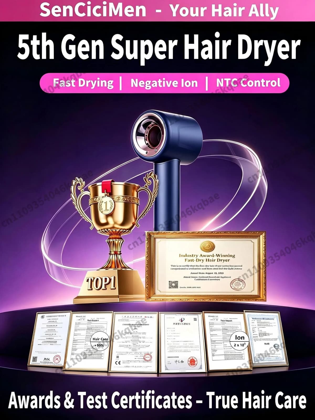 SenCiciMen 6 IN 1 Super Hair Dryer High-Speed Negative Ions Blow Dryer Gift For Women 1600W Fast-dry Hairdryer For Home Gym Or Travel