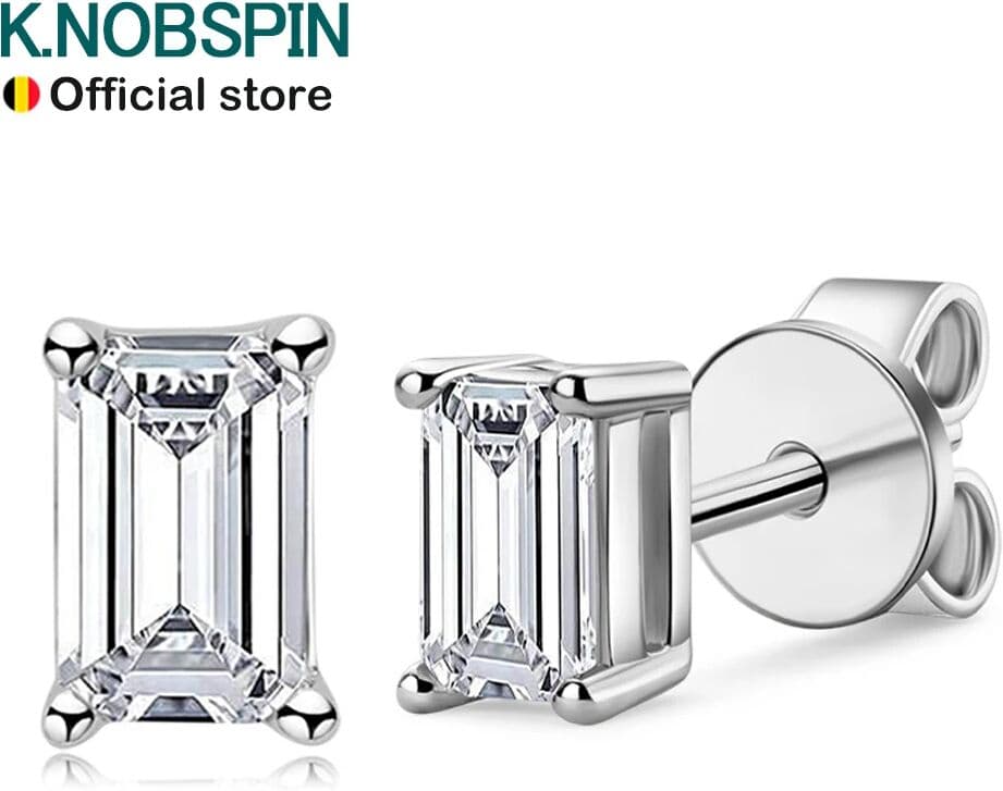 KNOBSPIN D VVS1 Emerald Cut Moissanite Earring s925 Sterling Sliver Plated with 18k White Gold Earrings for Women Fine Jewelry