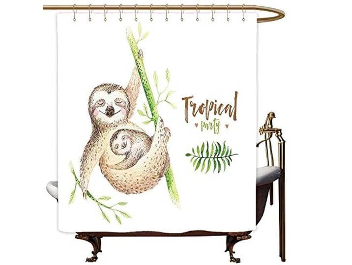 SKDSArts Douchegordijnen voeringen voor badkamer luiaard, moeder en baby dieren familie geluk aquarel boho tropische elementen, lichtbruin groen, B 48 x L 72, douchegordijn voor kleine douchecabine