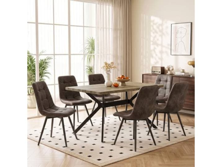 ANVOFONG Esstisch mit 6 Braun Stühlen,Esstisch in Naturholzfarbe Essgruppen Esstischmit technisches Esszimmerstühle,Rechteckig Esstisch aus Holz,für Küche Esszimmer und Wohnzimmer