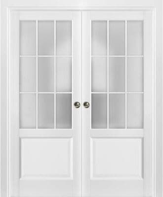 SARTODOORS Felicia 3309 White Wood Double Sliding Pocket Doors with Frosted Glass