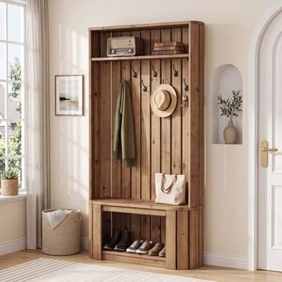 YUZHOU "70.87"" Farmhouse Hall Tree with Bench and Shoe Storage, 4-in-1 Design Hall Tree with Coat Hooks - 39.37"" L x 13.78"" W x 70.87"" H"