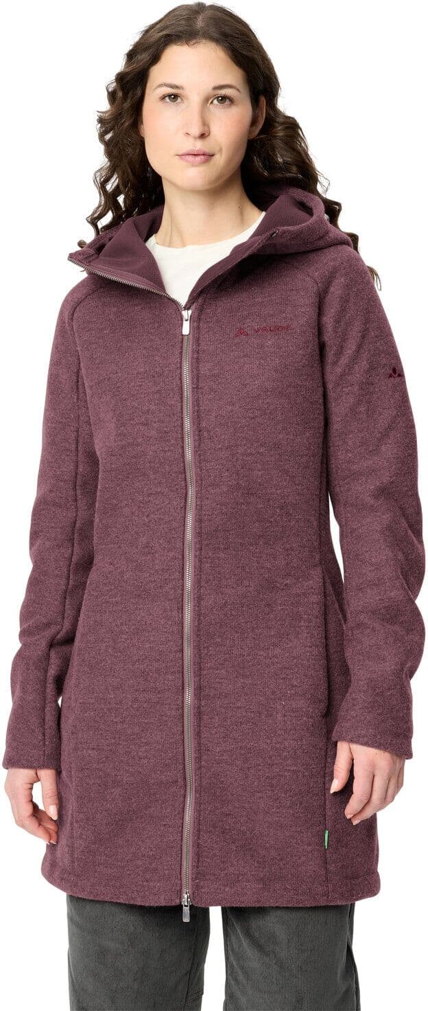 Strickfleecejacke VAUDE "WOMEN'S TINSHAN COAT III", Damen, Gr. 46, lila (ruby dusk), Stoff, Obermaterial: 56% Polyester, 31% Wolle, 13% Polyamid, normal, hoch geschlossener Ausschnitt, angeschnitten Bündchen, Jacken Strickfleecejacke, für den modernen All