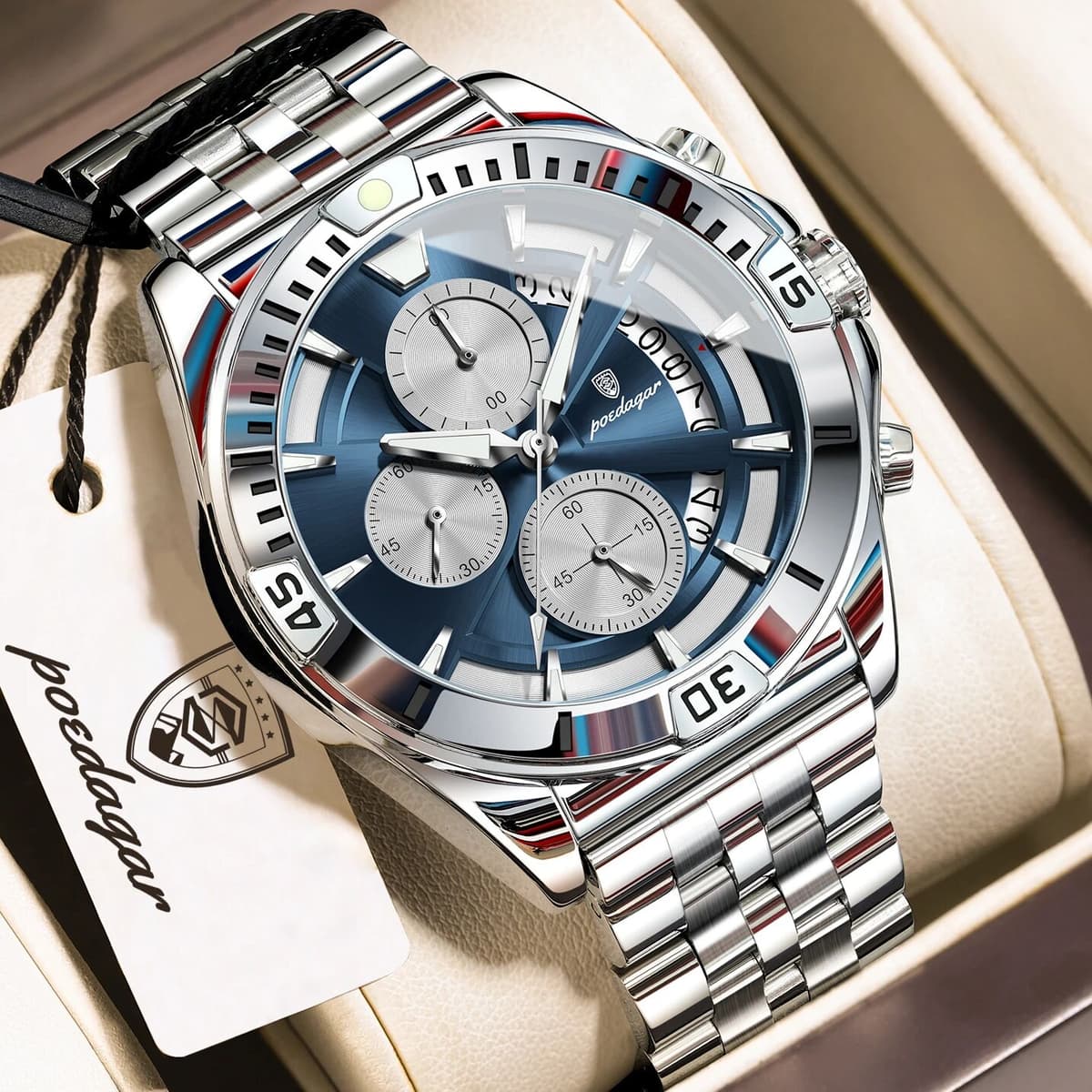 POEDAGAR Trendy Quartz Men Clock Waterproof Luminous Chronograph Date Casual Men's Watch Stainless Steel Sports Watches For Man
