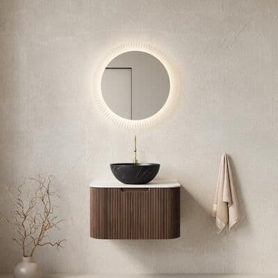 Loedds 24-Inch Floating Fluted Bathroom Vanity with Sink, Soft-Close Storage - Dark Walnut