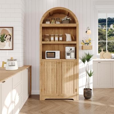 Garvee "72"" Tall Arched Pantry Cabinet with Doors, 5-Tier Kitchen Pantry Cabinet with Adjustable Shelf & Gold Handles"