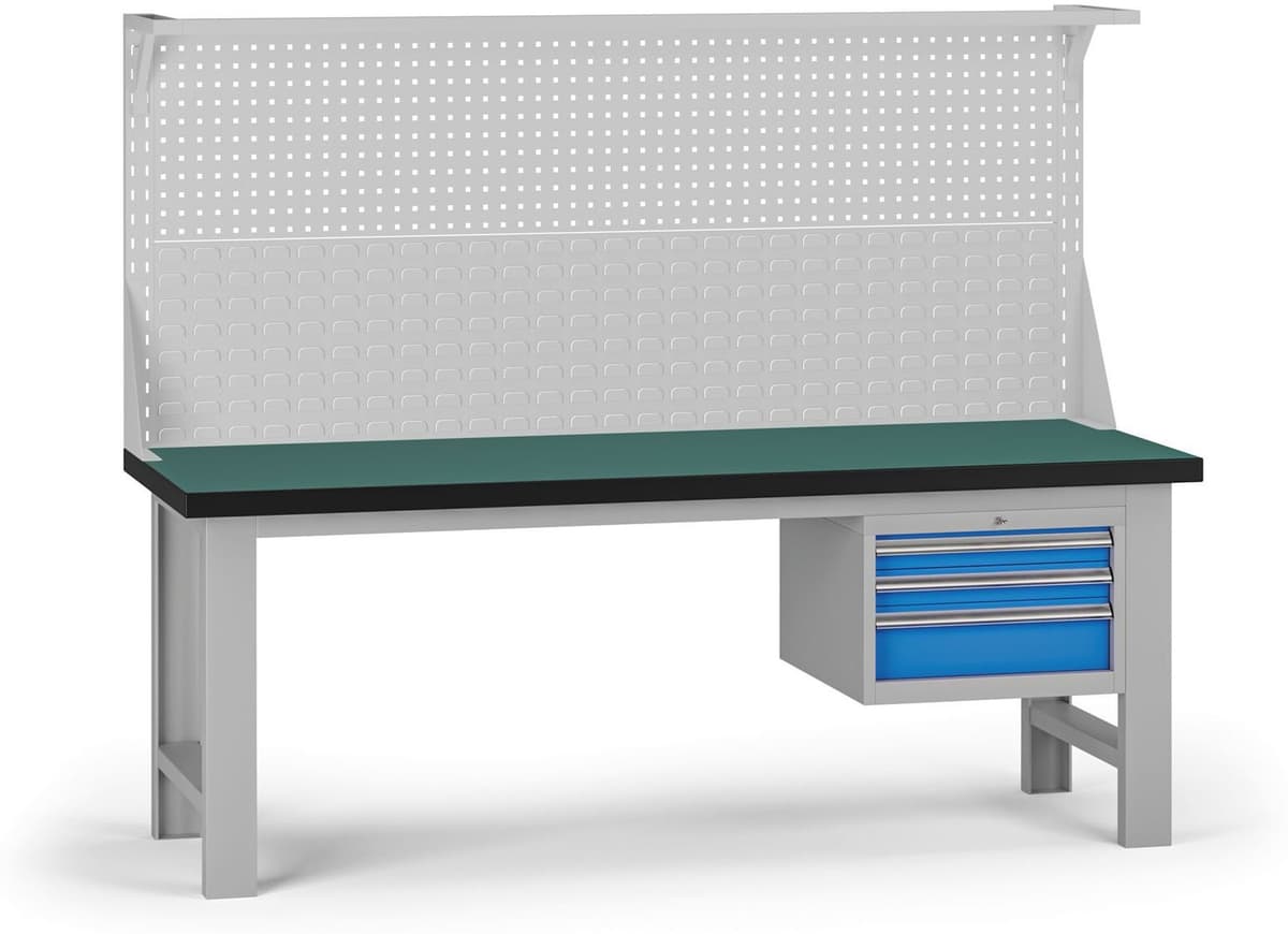 B2B Partner Stół warsztatowy G8 z panelem, 2100 x 750 x 800 mm, 1x kontener, 3x szuflada, niebieski