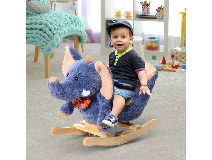 HOMCOM Cheval Eléphant Animal à Bascule Musical Ceinture de Sécurité en Bois et Court Peluche Bleu