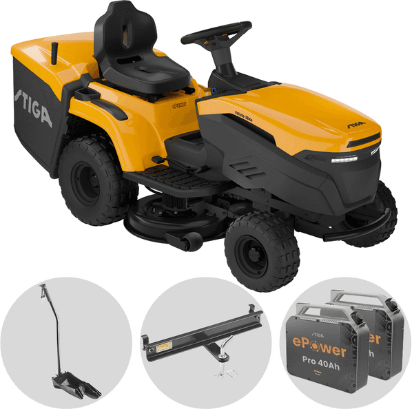 Stiga Estate 384e - Kit Trattorino tagliaerba con 2 moduli batteria ePower Pro da 56V/40Ah - Cesto di raccolta e mulching