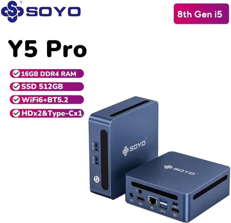 SOYO Y5 Pro Mini PC Intel 8th Gen i5 620 Graphics 16GB DDR4  RAM 512GB SSD 2×HDMI Type-C 4×USB WiFi6 BT5.2 Windows 11 Pro