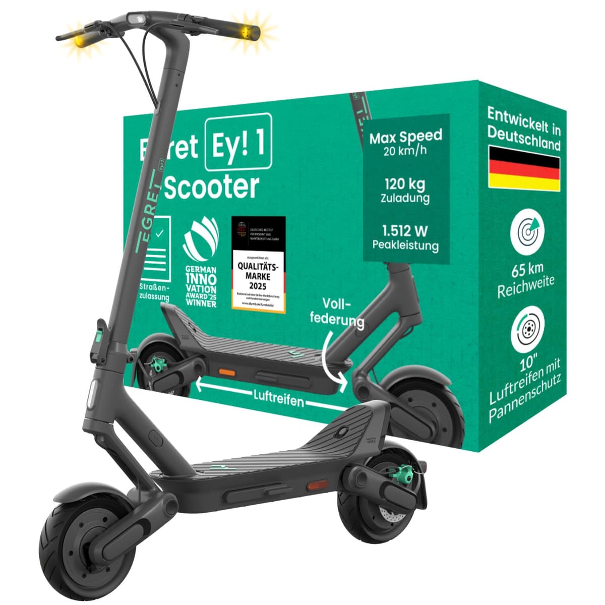 EGRET E-Scooter mit Straßenzulassung (ABE), 65 km Reichweite, 10" Luftreifen, 2x Federung, Blinker, 1.512 W Motor, 120 kg Traglast, App - Ey! 1