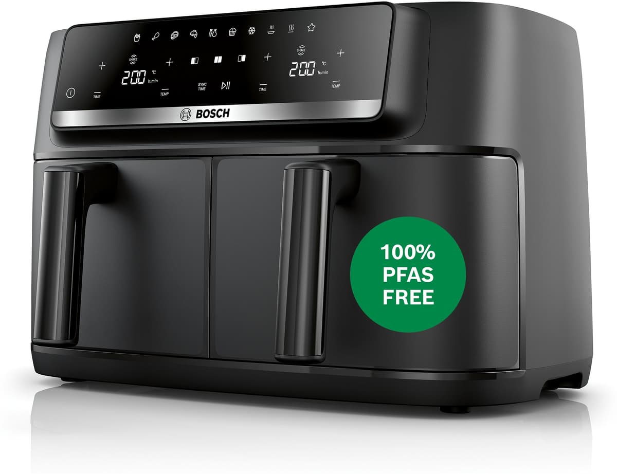 Bosch Heißluftfritteuse "Airfryer MAFD440B0, 2* 4,5L Kammer, spülmaschinengeeignet, schwarz", schwarz, B:43,7cm H:27,5cm T:38cm, Fritteusen, PFAs frei, einfache Reinigung, 6 voreingestellte Programme, Heißluftfritteuse