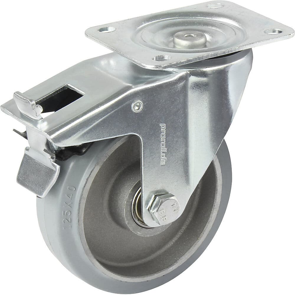Elastik-Vollgummi-Reifen, grau, Rad-Ø x Breite 125 x 40 mm, Lenkrolle mit Doppelstopp Proroll