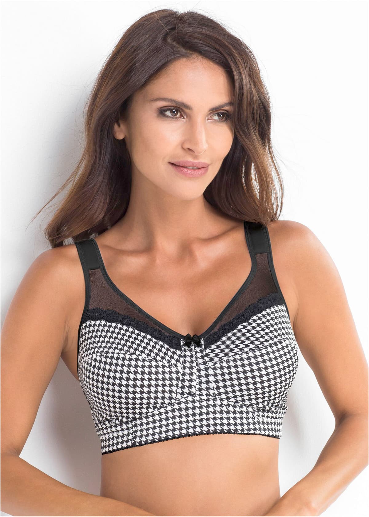 Entlastungs-BH BONPRIX, Damen, Gr. 80, Cup C, schwarz (schwarz, weiß bedruckt), Obermaterial: 86% Polyamid, 14% Elasthan. Futter: 100% Baumwolle. Spitze: 90% Polyamid, 10% Elasthan, mehrfarbig, BHs Entlastungs-BH, mit gepolsterten Trägern, mit Haken & Öse