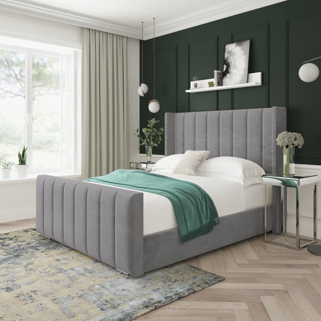 17 Stories Willow Velvet Upholstered Ottoman Bed Frame Silver Naples Kingsize (5')