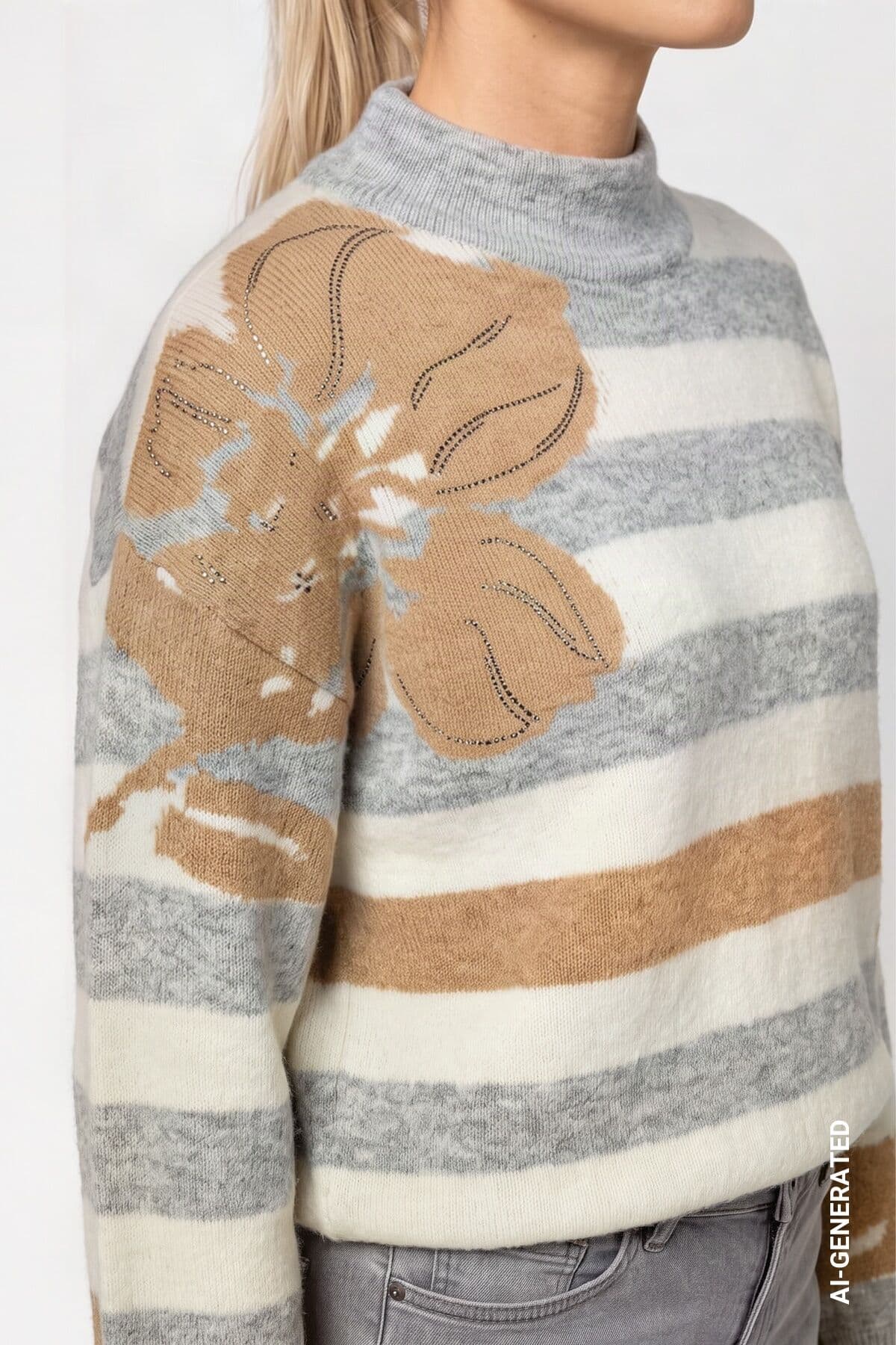 Strickpullover MONARI "Pullover Ringel + Blume", Damen, Gr. 40, hellgrau mel, Strick, Obermaterial: 59% Polyacryl, 34% Viskose, 7% Polyester, gestreift, regular fit taillenbedeckt, Rundhals, eingesetzt gerader Abschluss, Pullover Strickpullover, Regular f