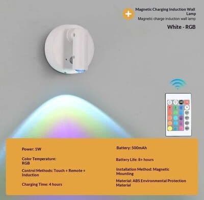Uplift Picks Magnetic Rechargeable Reading Light No Drill Dimmable Wall Spotlight white Rgb + Remote
