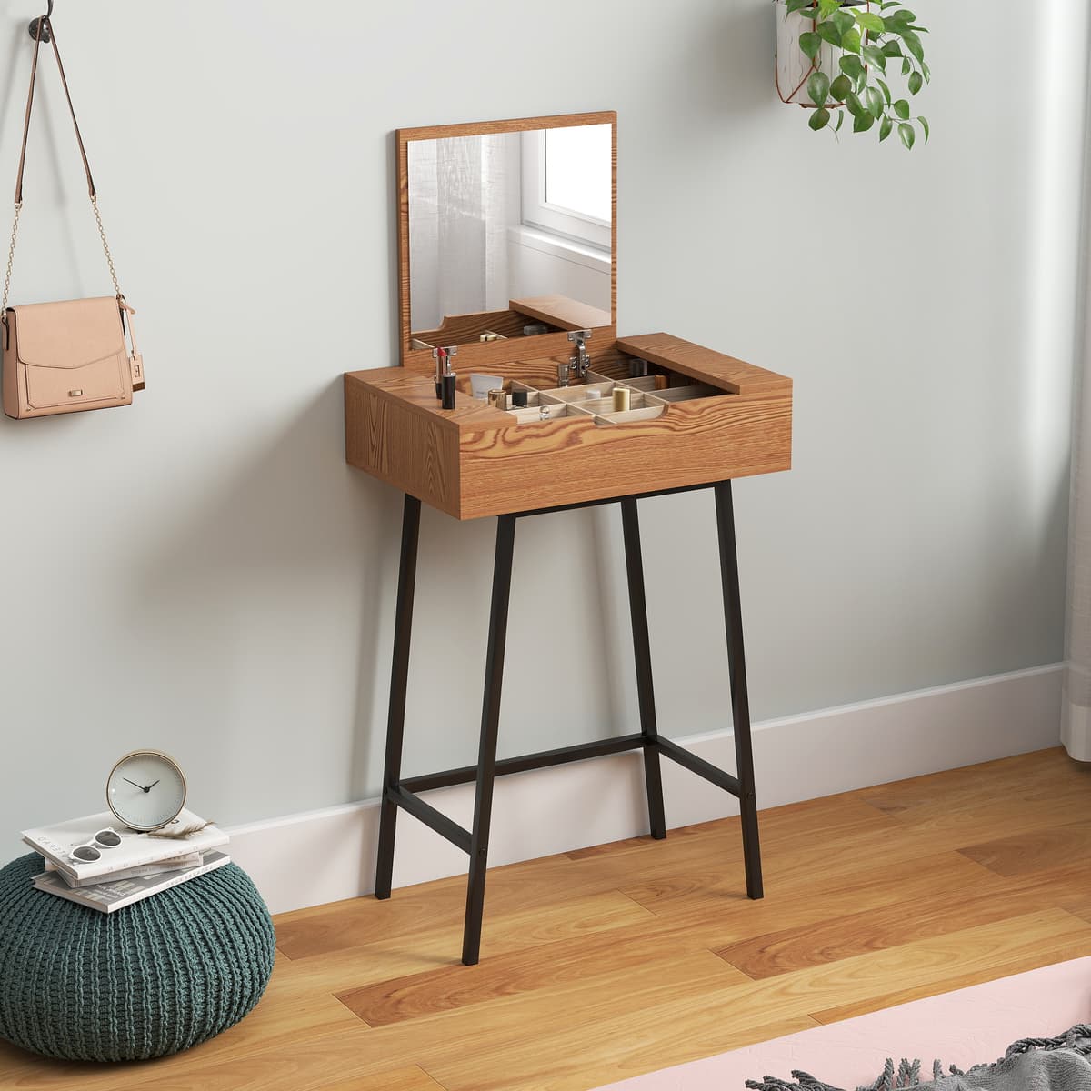 Homcom Tavolo Trucco con Specchio Ribaltabile e 16 Scomparti Stile Industriale, Legno e Acciaio, 60x40x90 cm   Aosom Italy