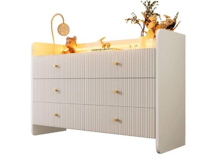 Buffet commode avec éclairage LED et 6 tiroirs design rainuré ondulé Armoire polyvalente pour salon et chambre 120x40x75cm blanc