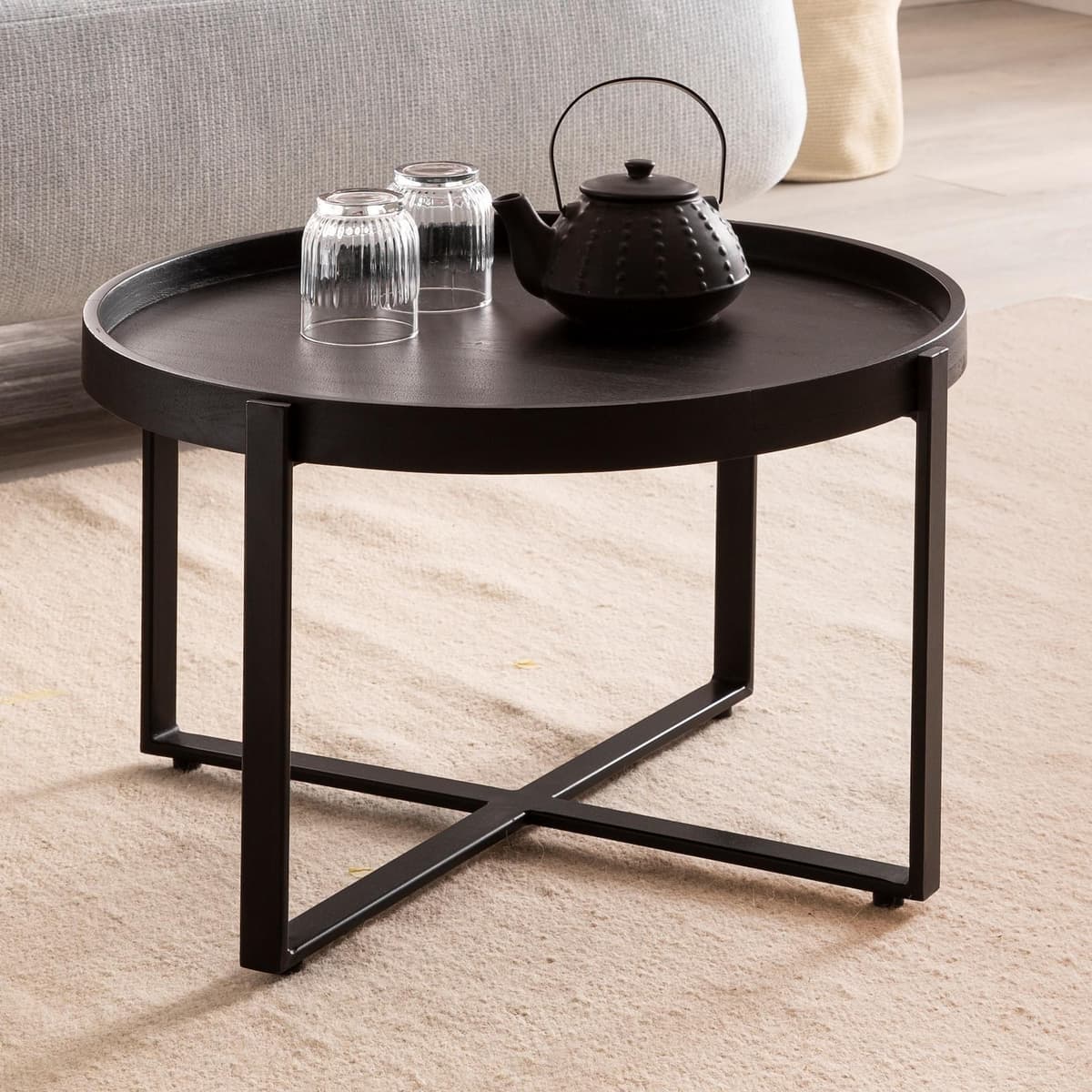 Couchtisch FineBuy Sofatisch Massivholz Schwarz 60x60x35 cm Wohnzimmertisch Rund