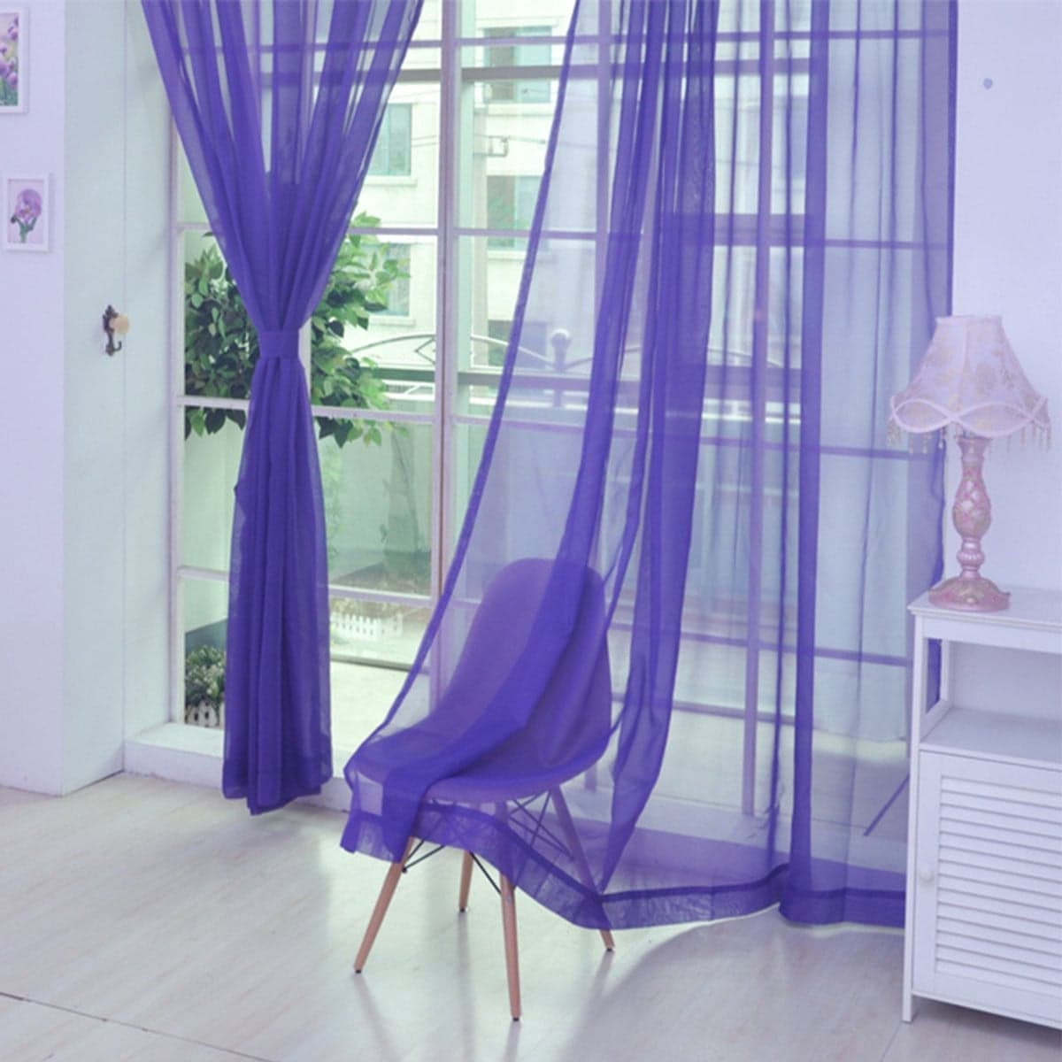 Tweedelige transparante gordijnen voor de woonkamer met geplooide band en verzwaarde onderkant, Paars, B: 100 cm, H: 270 cm