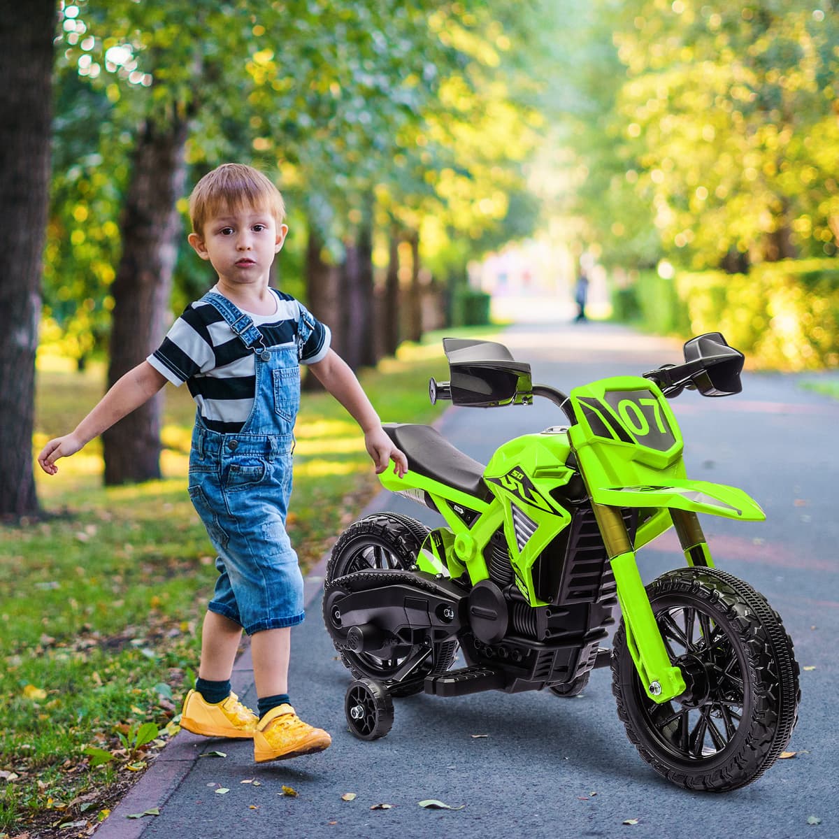 Aiyaplay Moto Elettrica per Bambini, Alimentata a Batteria da 6V, Ruote di Supporto, Clacson, Suono di Avvio, 3-8 anni, Verde