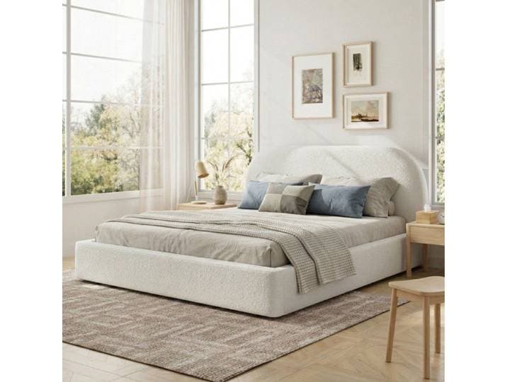Lit capitonné 180x200 tissu bouclé beige doux cadre robuste avec garnissage épais 13 5 cm et sommier à lattes intégré