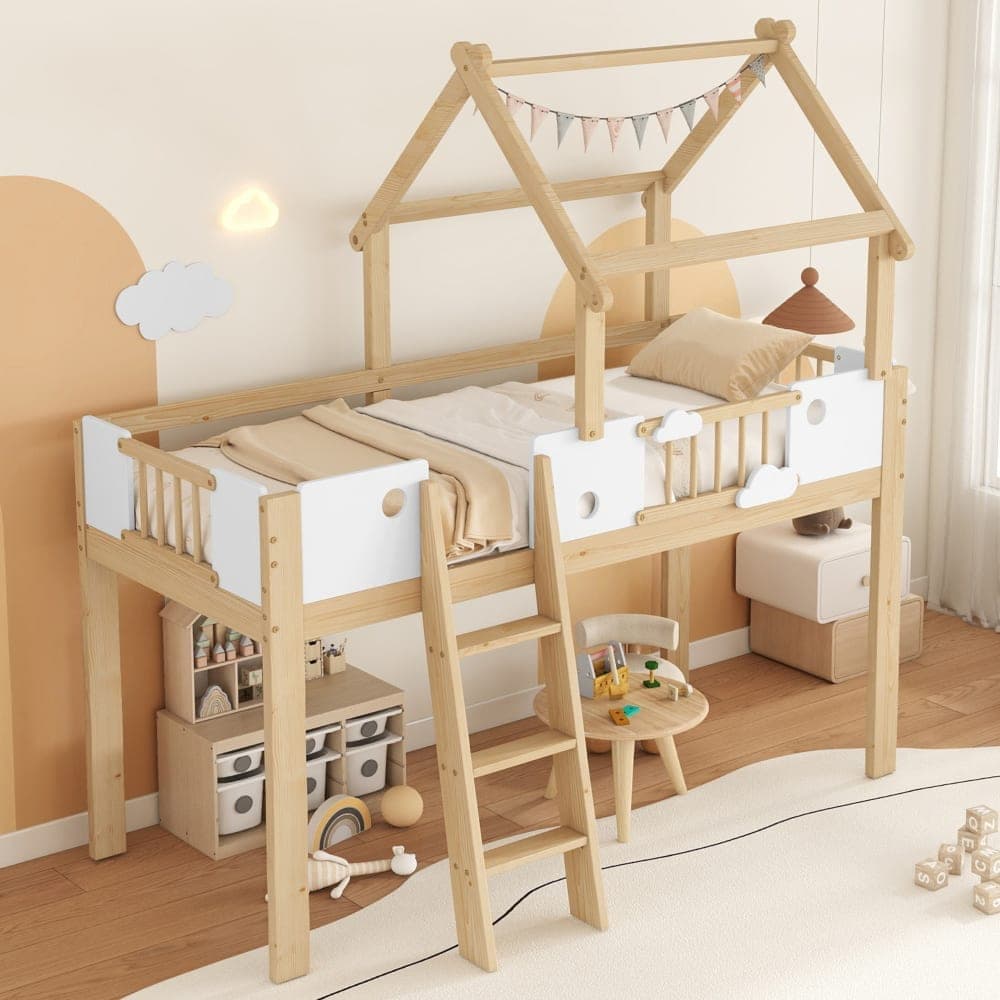 MODFU Lit cabane enfant 90x200 cm en pin blanc et naturel, échelle 3 marches Blanc 205x196x124cm