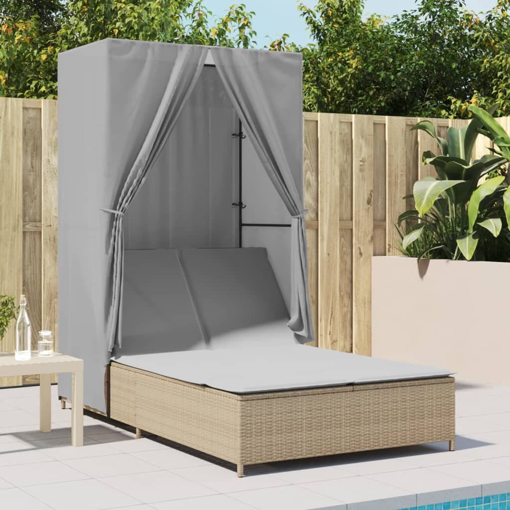 vidaXL Chaise longue double avec toit et rideaux beige résine tressée