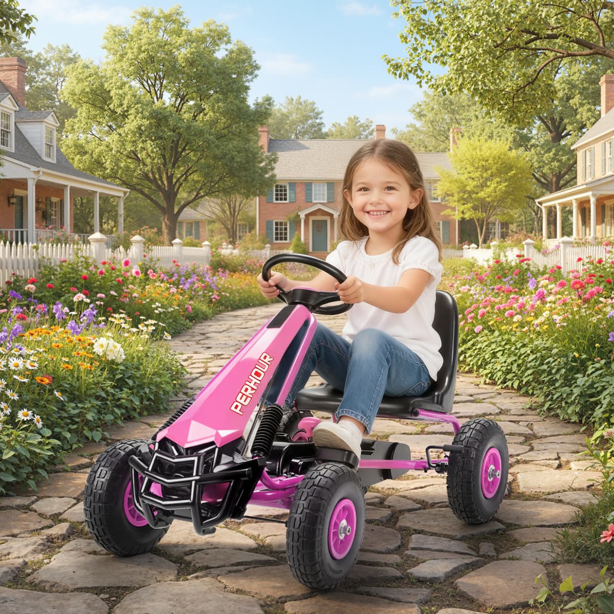 Aiyaplay Gokart a Pedali per Bambini 3-8 Anni, con Sedile Regolabile in Altezza, Ruote EVA, Freno e Frizione, Rosa   Aosom Italy