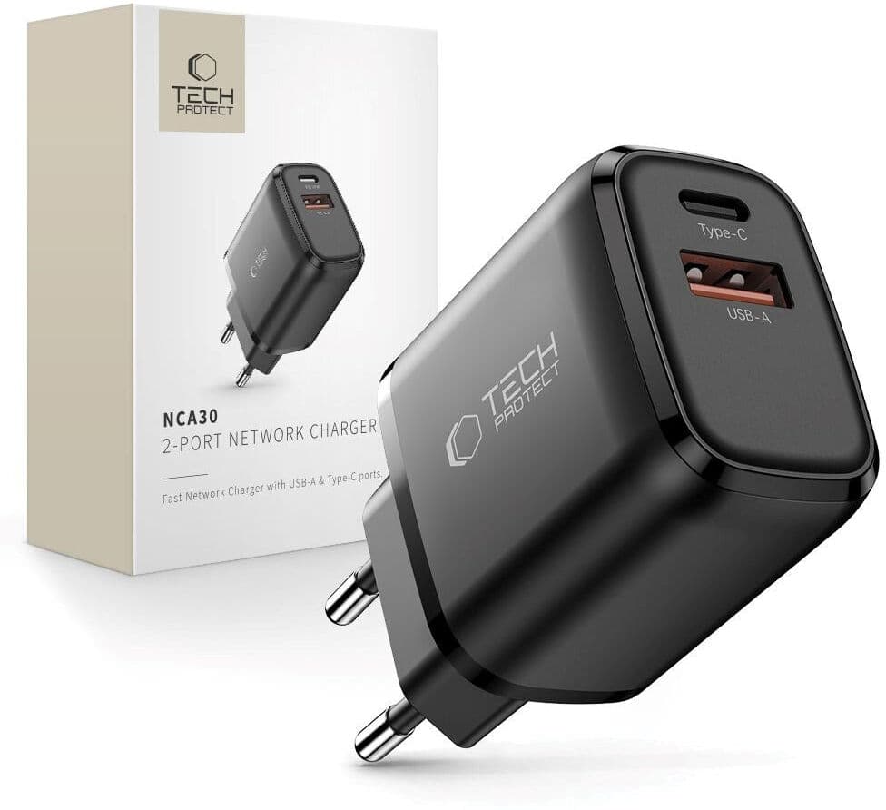 Tech-Protect NCA30 Vegglader med 30W - 1 x USB-A & 1 x USB-C - Svart